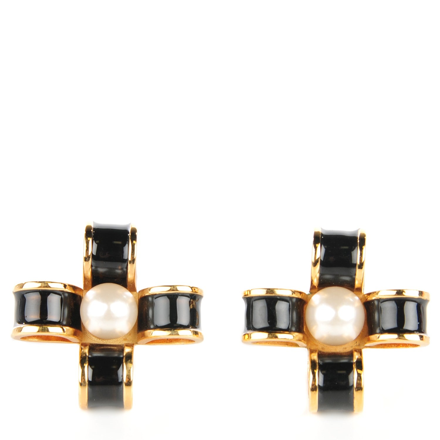 Chanel Onyx Pearl Ribbon Clip On Earrings Black Gold 1 of 4