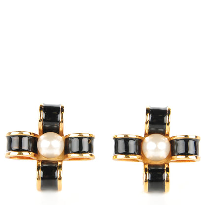 Chanel Onyx Pearl Ribbon Clip On Earrings Black Gold 1 of 4