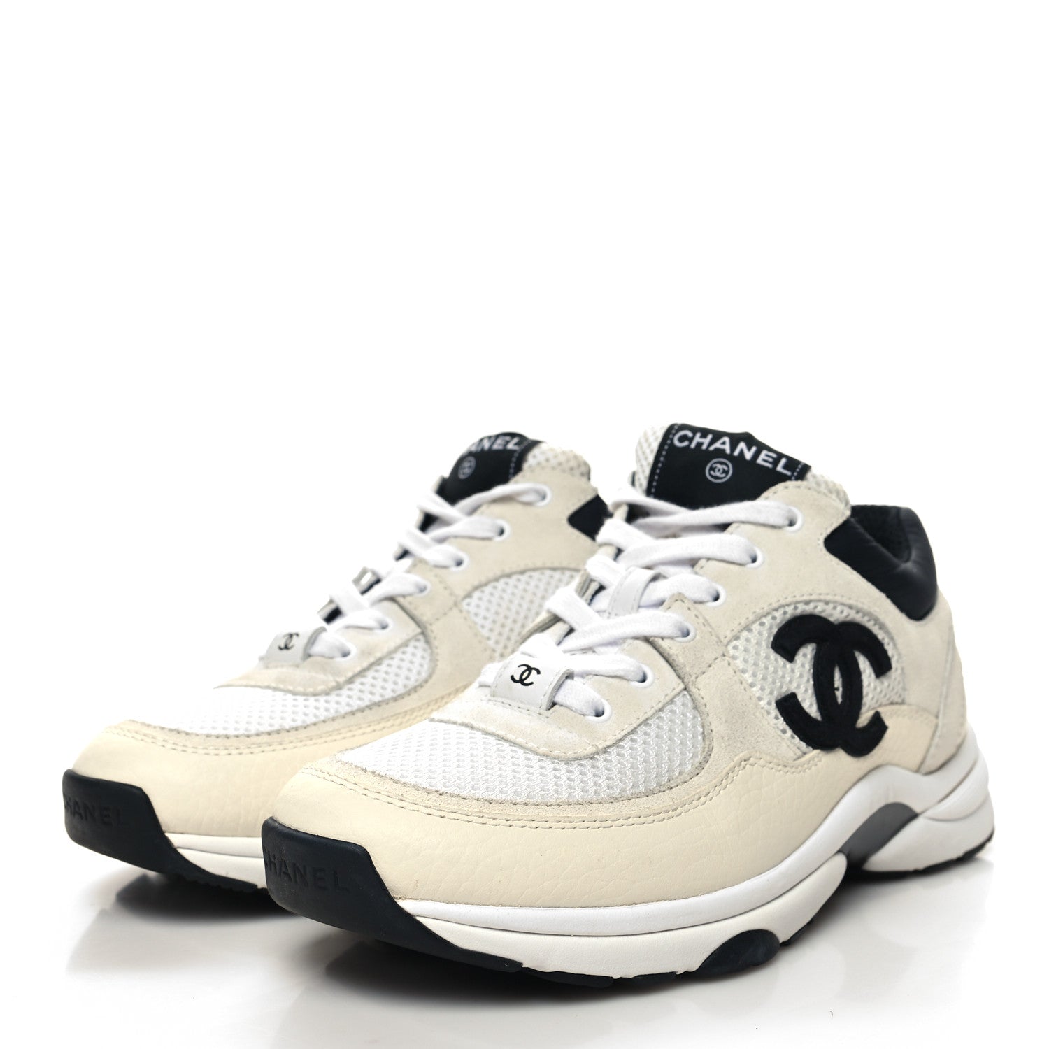 Chanel Mesh Suede Calfskin Grained Calfskin Womens CC Sneakers 38 White Black 3 of 7