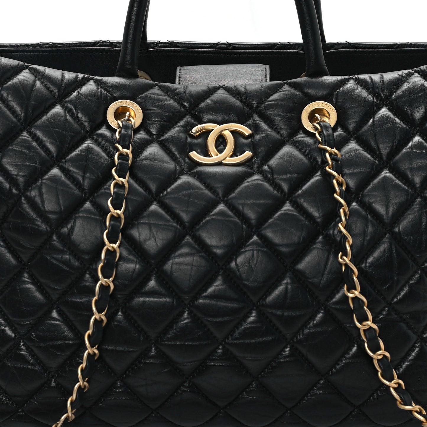 Aged Calfskin Quilted Large Coco Handle Shopping Tote Black