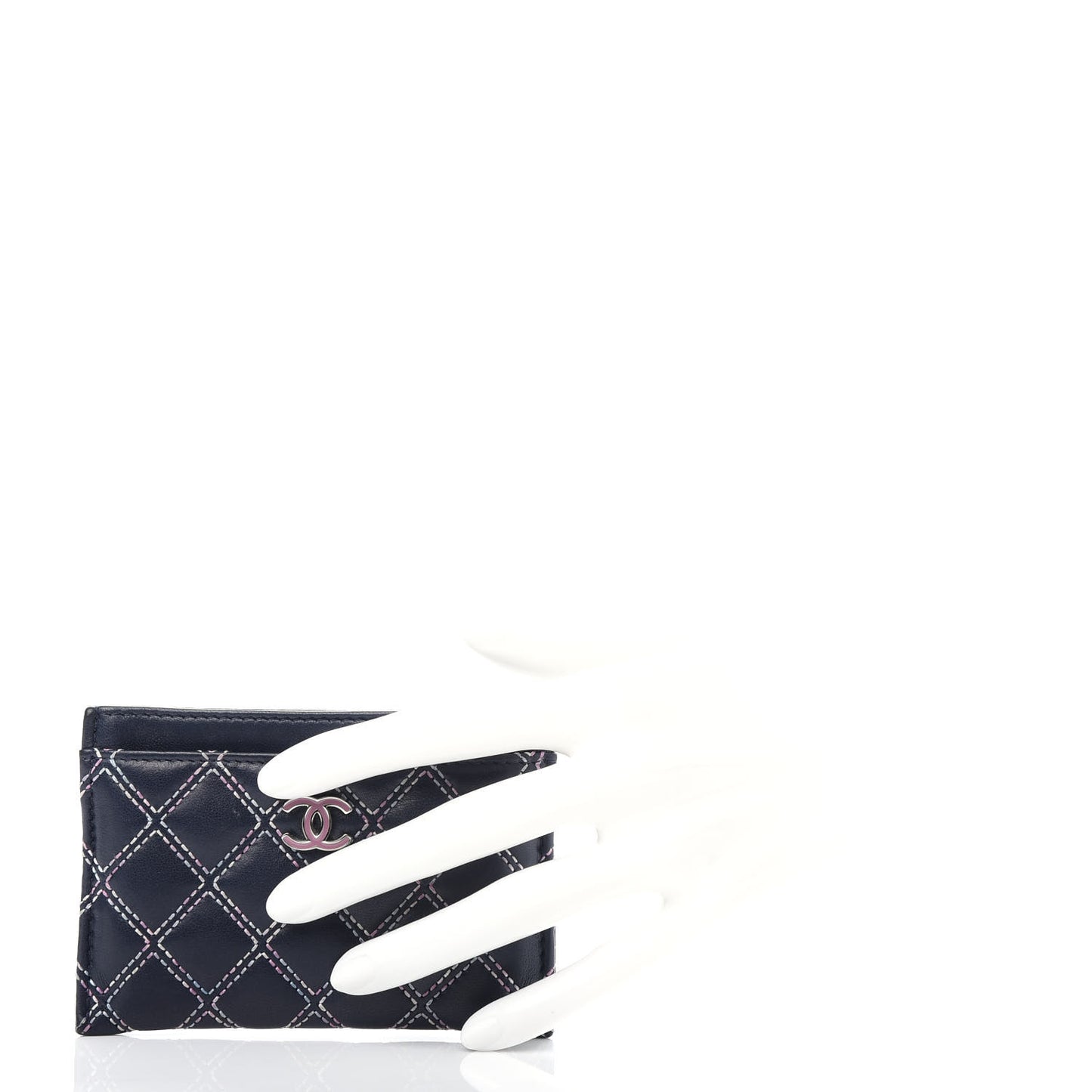 Lambskin Double Stitch Quilted Card Holder Navy Blue