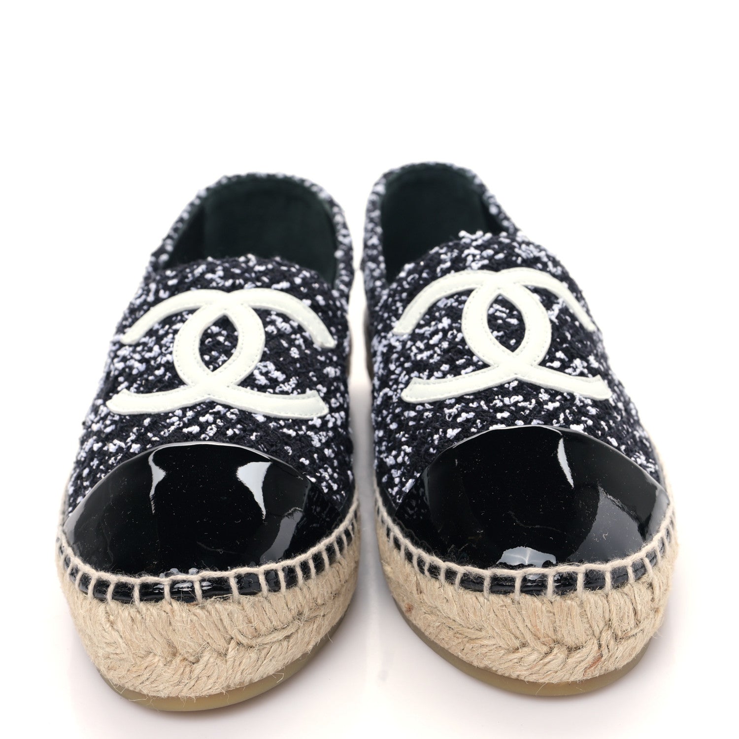 Chanel Tweed Lambskin Patent CC Espadrilles 39 Black White 2 of 9