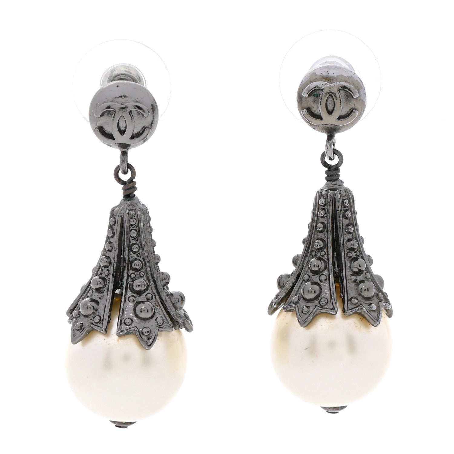 Chanel Ruthenium CC Pearl Tear Drop Earrings 1 of 6