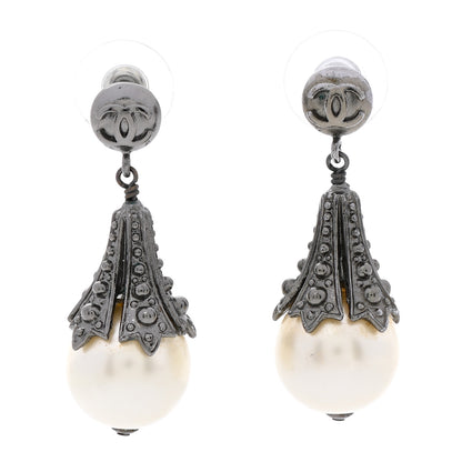 Chanel Ruthenium CC Pearl Tear Drop Earrings 1 of 6