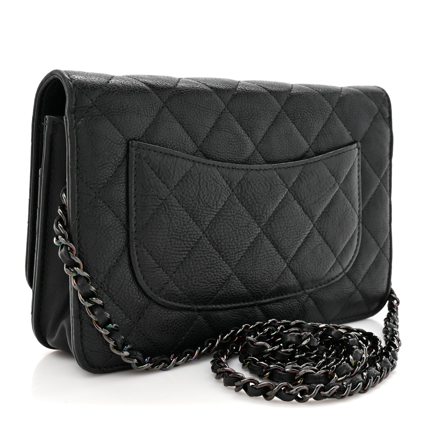 Crumpled Calfskin Quilted Wallet On Chain WOC Black