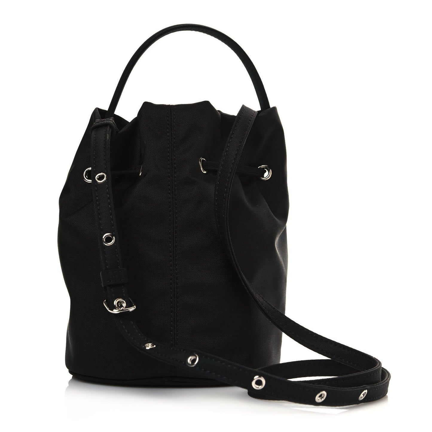 Recycled Sport Nylon Logo Embroidered Wheel Drawstring Bucket Bag Black White