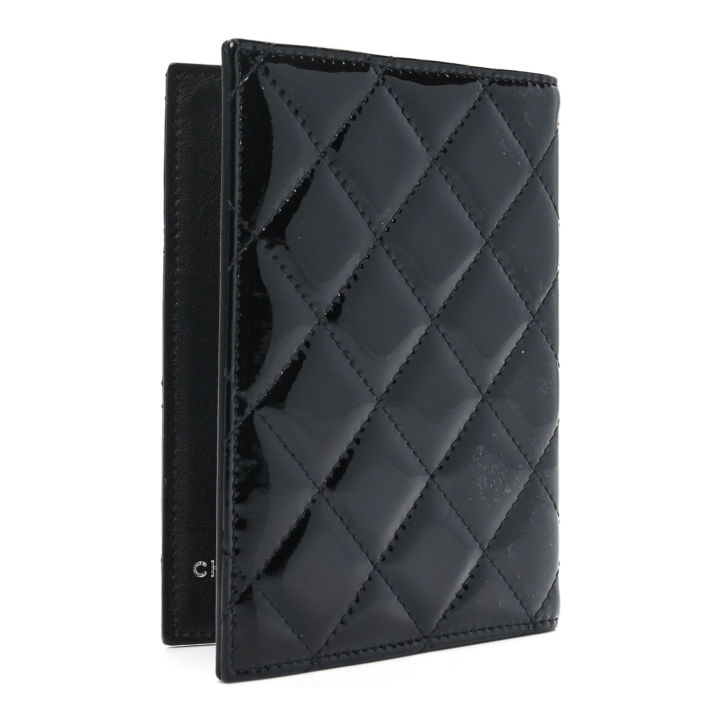Patent Calfskin Quilted Passport Holder Black
