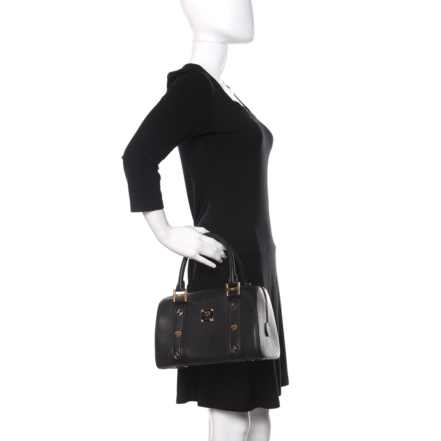 MCM Grained Calfskin Studded Boston Bag Black 2 of 14