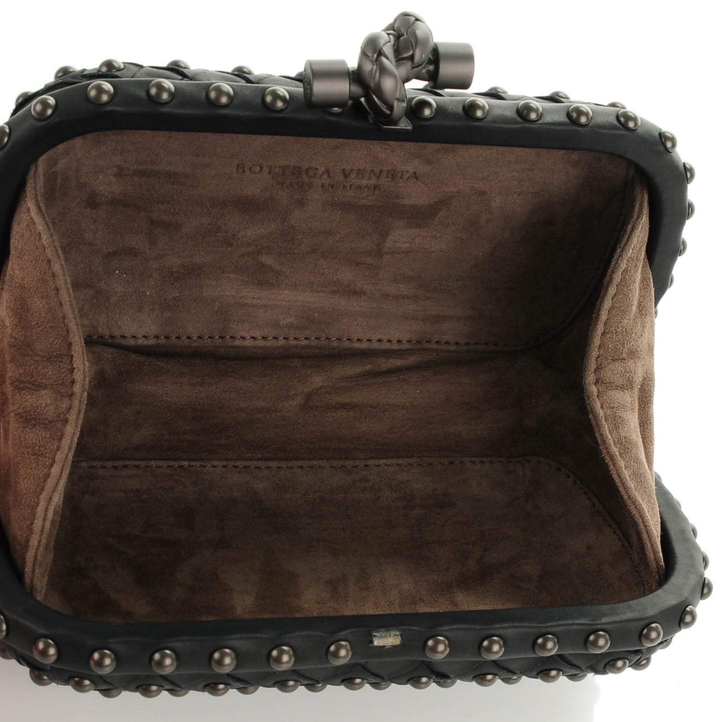 Waxy Nappa Intrecciato Knot Studded Clutch Nero