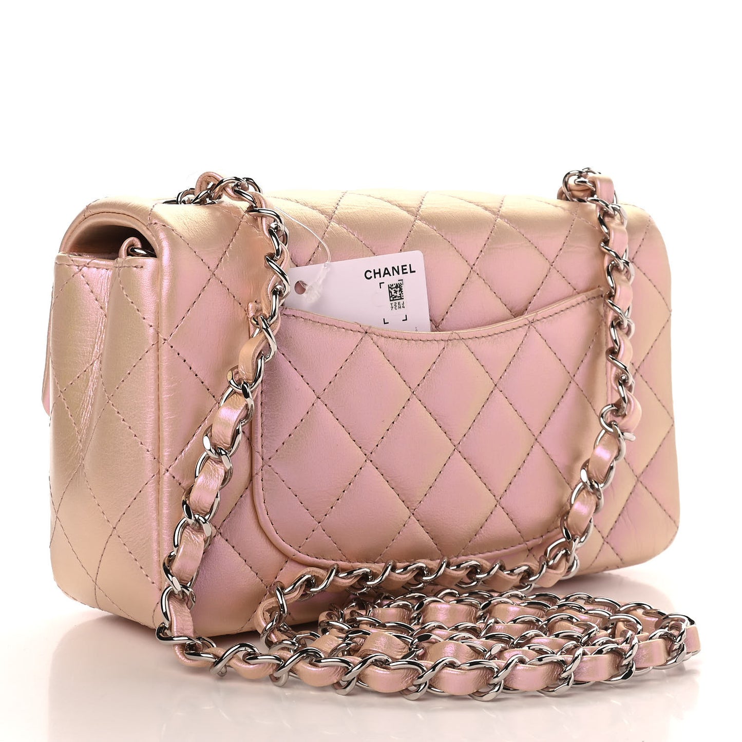 Iridescent Calfskin Quilted Mini Rectangular Flap Pink