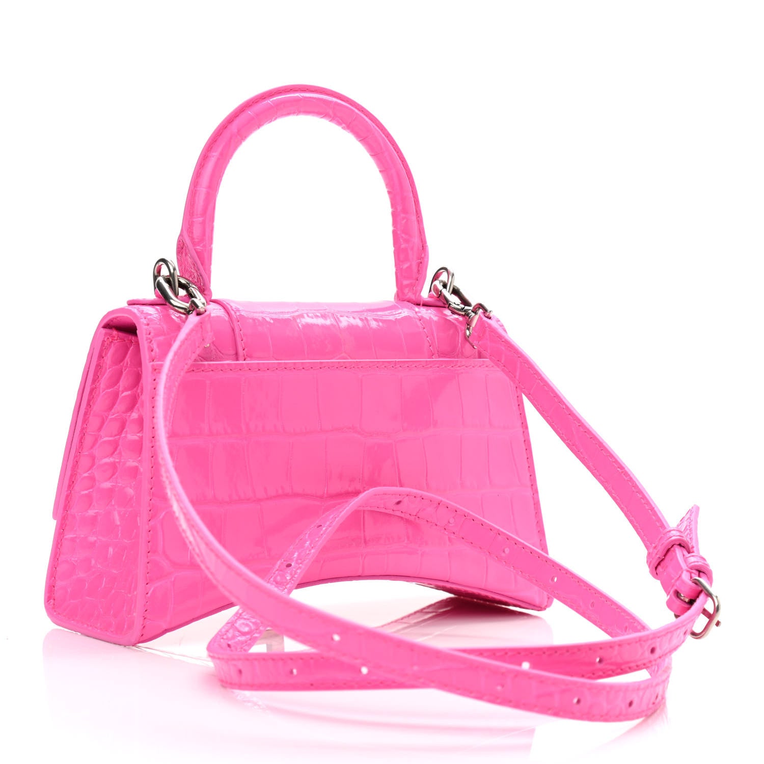 Balenciaga Shiny Calfskin Crocodile Embossed Hourglass Top Handle Bag XS Neon Pink 3 of 12