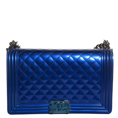 Chanel Metallic Patent Quilted New Medium Boy Flap Blue 1 of 9