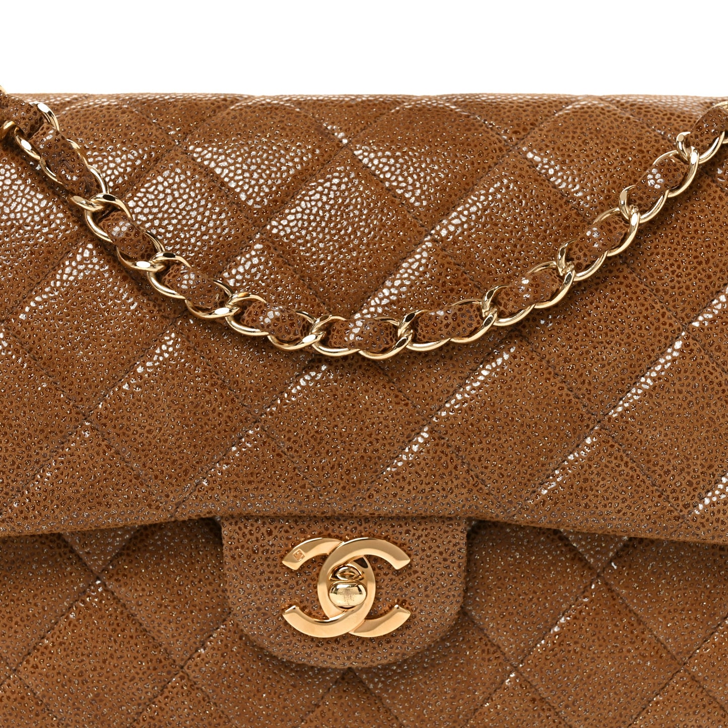 Iridescent Caviar Quilted Medium Double Flap Brown