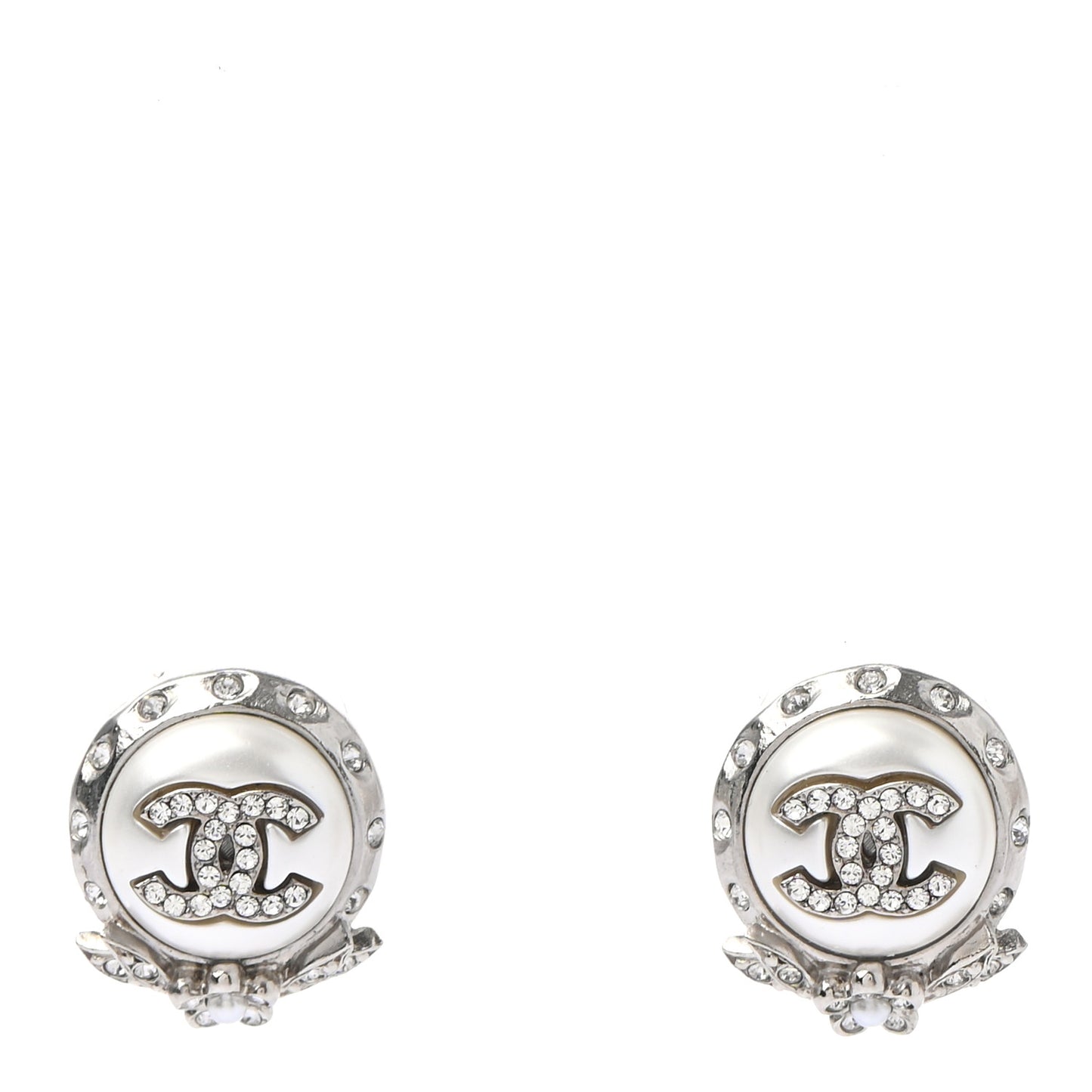 Pearl Crystal CC Round Earrings Silver
