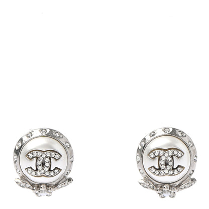 Chanel Pearl Crystal CC Round Earrings Silver 1 of 5