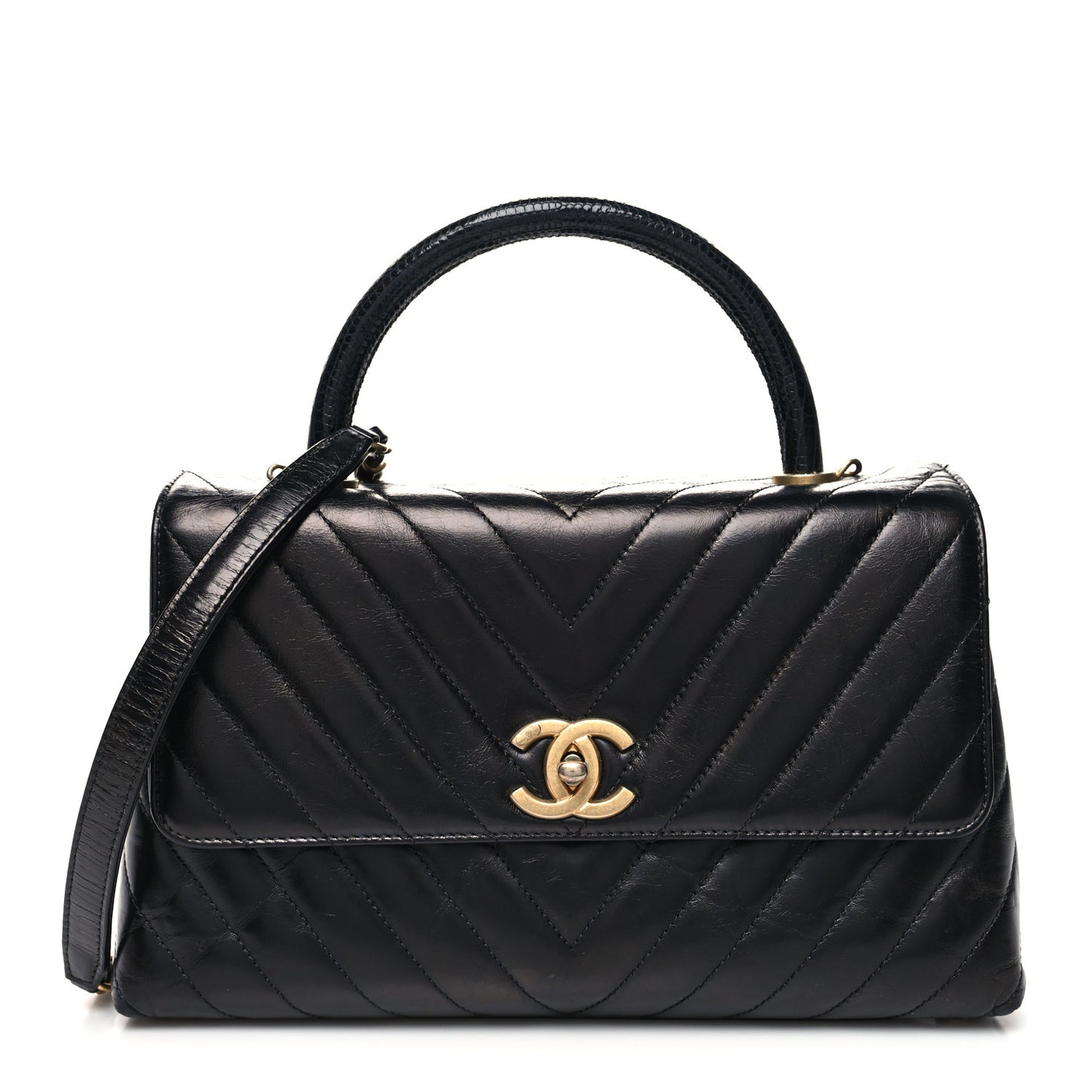 Calfskin Lizard Chevron Quilted Small Coco Handle Flap Black