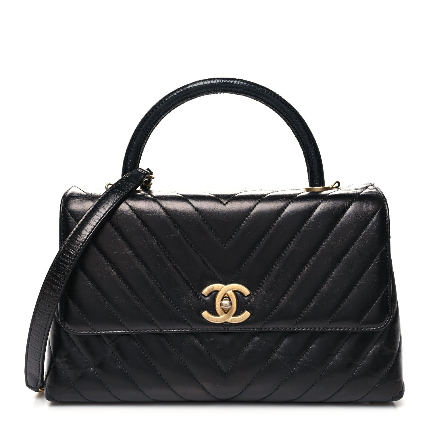 Chanel Calfskin Lizard Chevron Quilted Small Coco Handle Flap Black 1 of 12