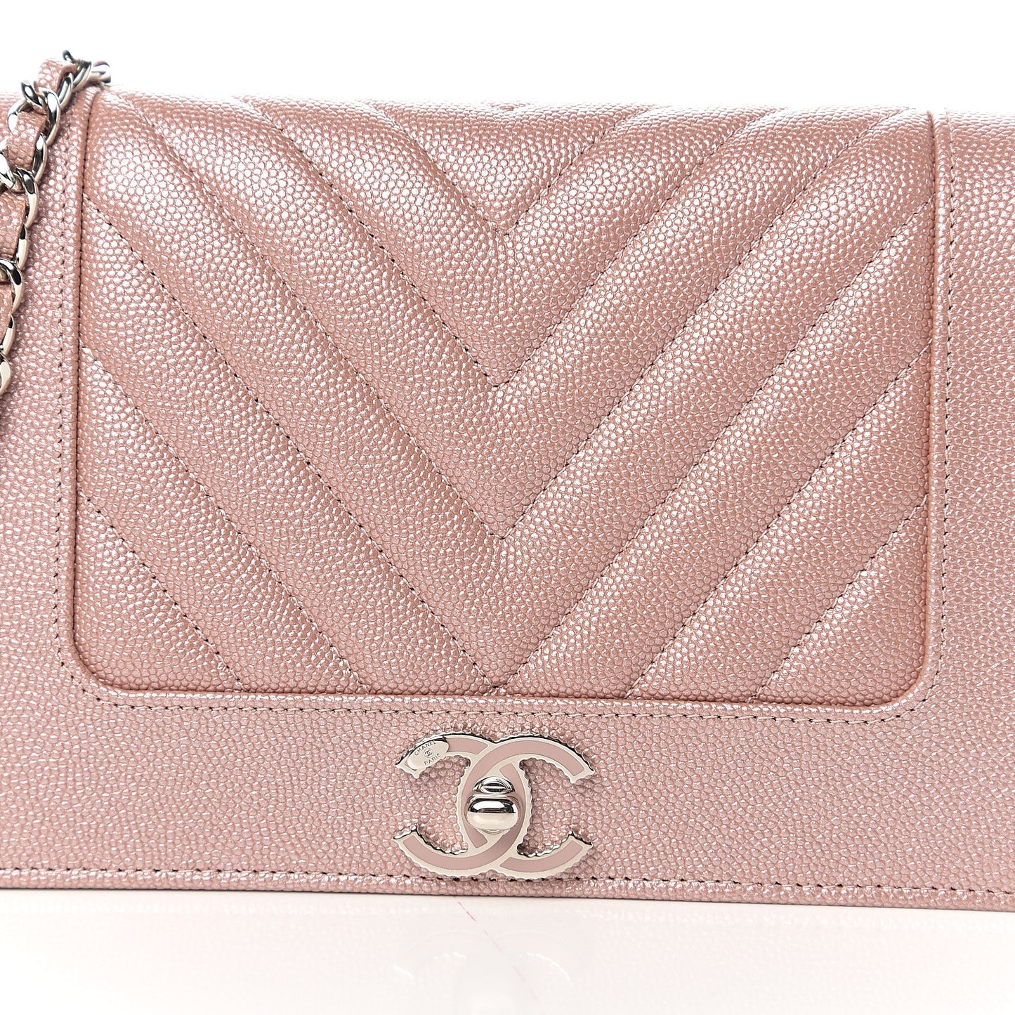 Metallic Caviar Chevron Quilted Vintage Mademoiselle Wallet On Chain WOC Pink