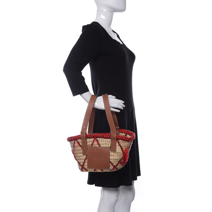 Loewe Embroidered Raffia Basket Tote Bag Natural Tan Red 2 of 11
