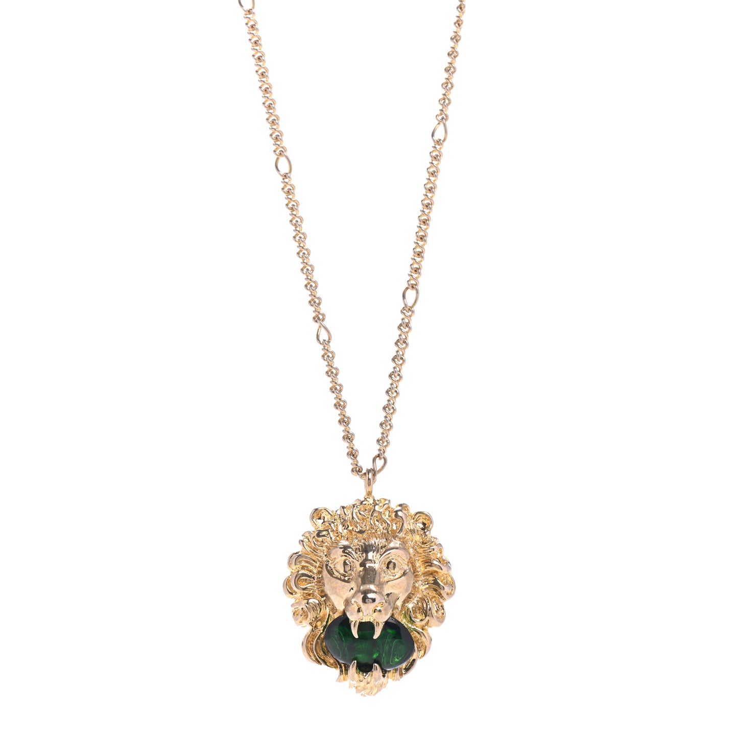 Metal Brass Swarovski Lion Head Necklace Gold Green