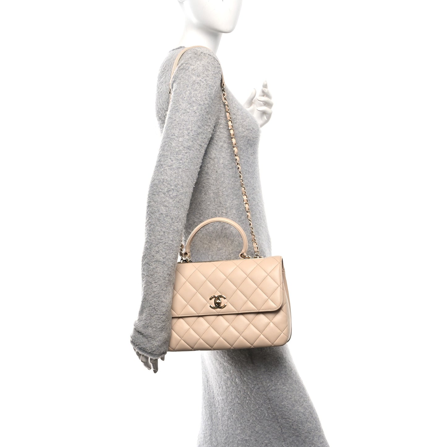 Lambskin Quilted Medium Trendy CC Flap Dual Handle Bag Beige