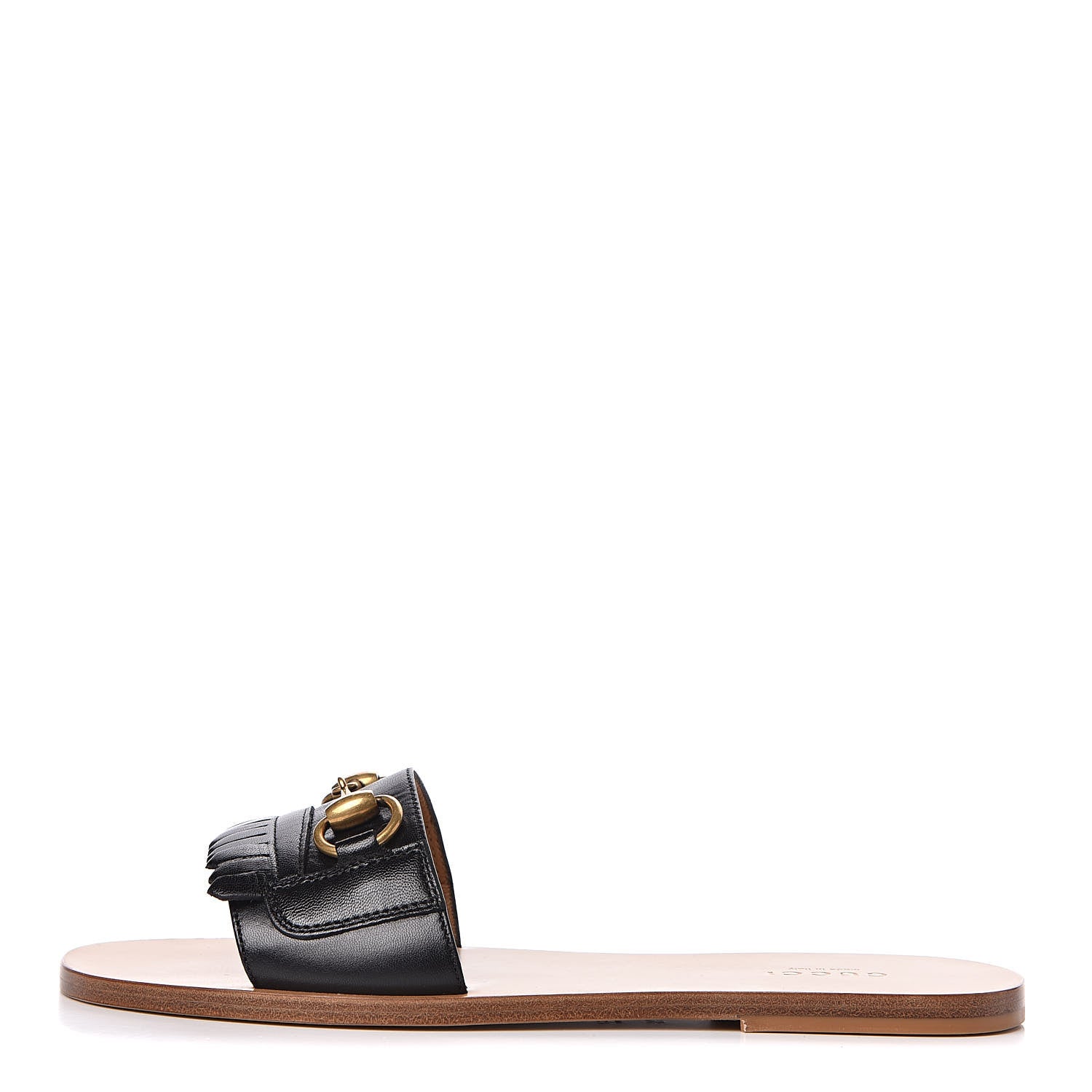 Gucci Malaga Kid Fringe Horsebit Slide Sandals 37.5 Black 1 of 10