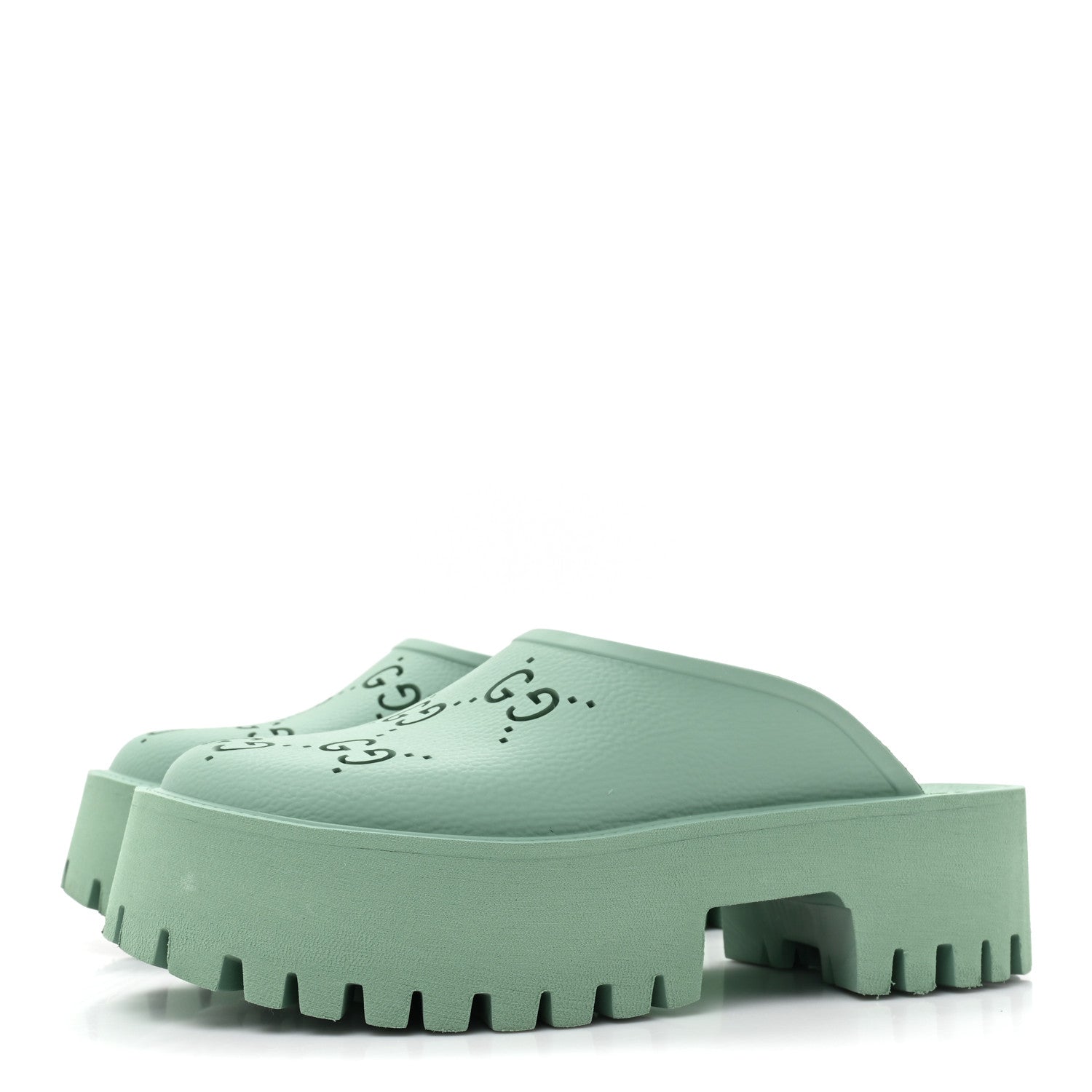 Gucci Rubber GG Monogram Perforated Elea Platform 55mm Lug Sole Sandals 39 Pacific Green 3 of 9