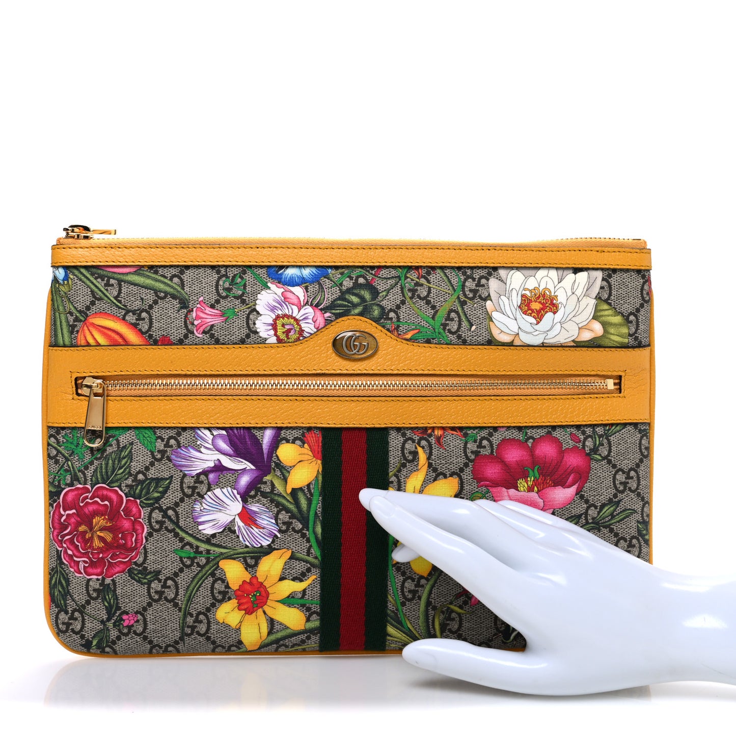 GG Supreme Monogram Flora Large Ophidia Pouch Clutch Beige Multicolor Crop