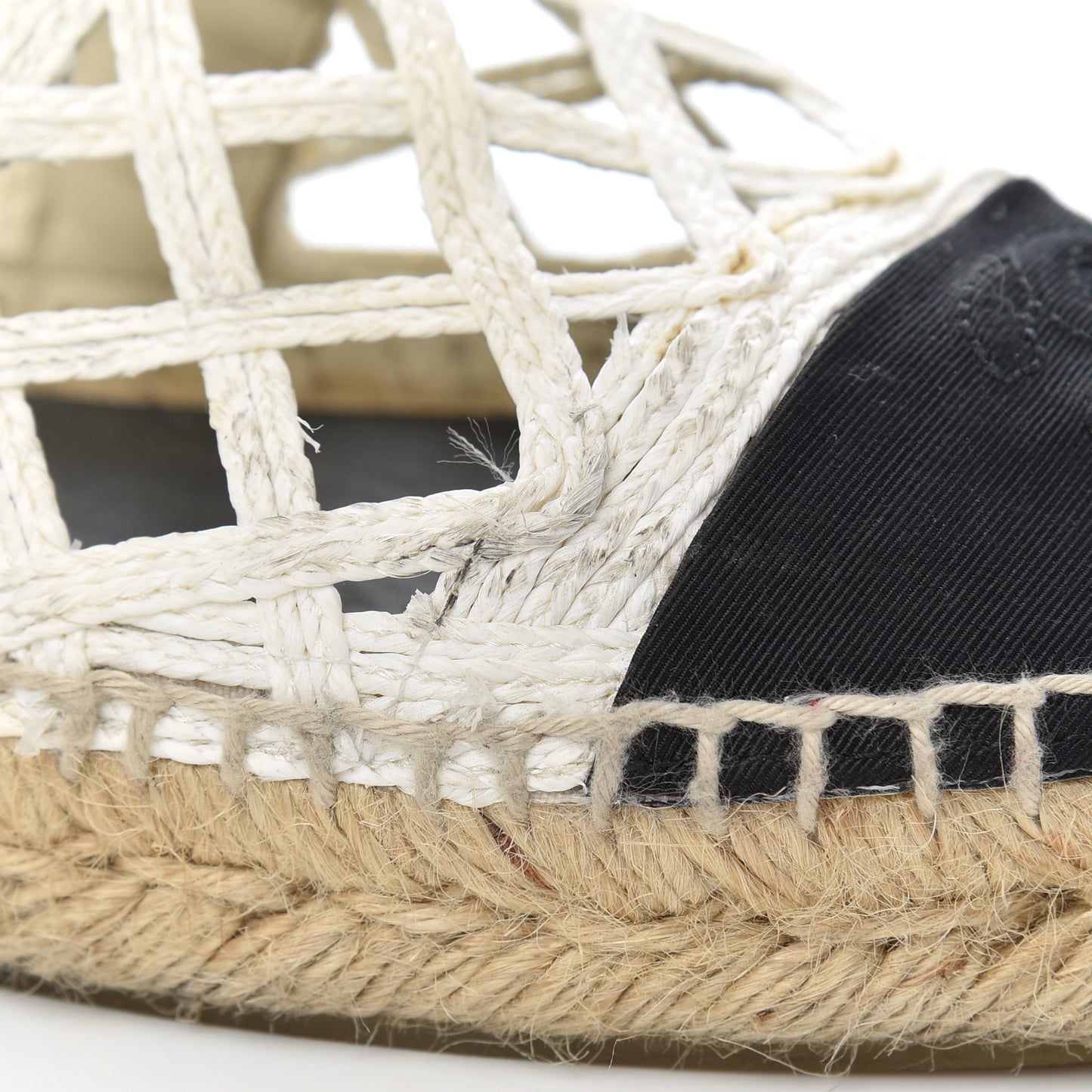 Woven Fabric Grosgrain CC Espadrilles 37 White Black
