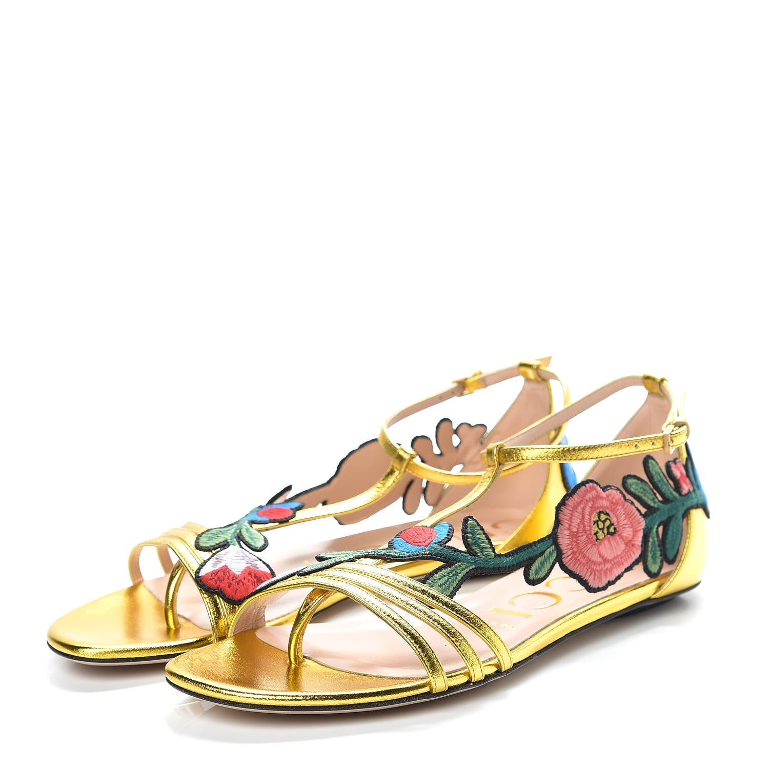 Gucci Metallic Nappa Ophelia T-Strap Flat Sandals 38.5 Gold 3 of 9