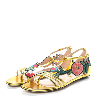 Gucci Metallic Nappa Ophelia T-Strap Flat Sandals 38.5 Gold 3 of 9