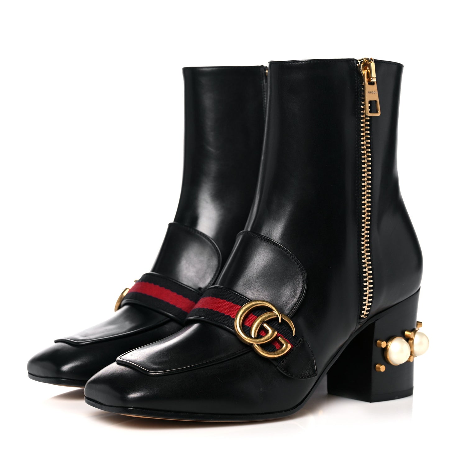 Betis Glamour Calfskin Web Pearl Embellished Peyton 75mm Ankle Boots 39 Black