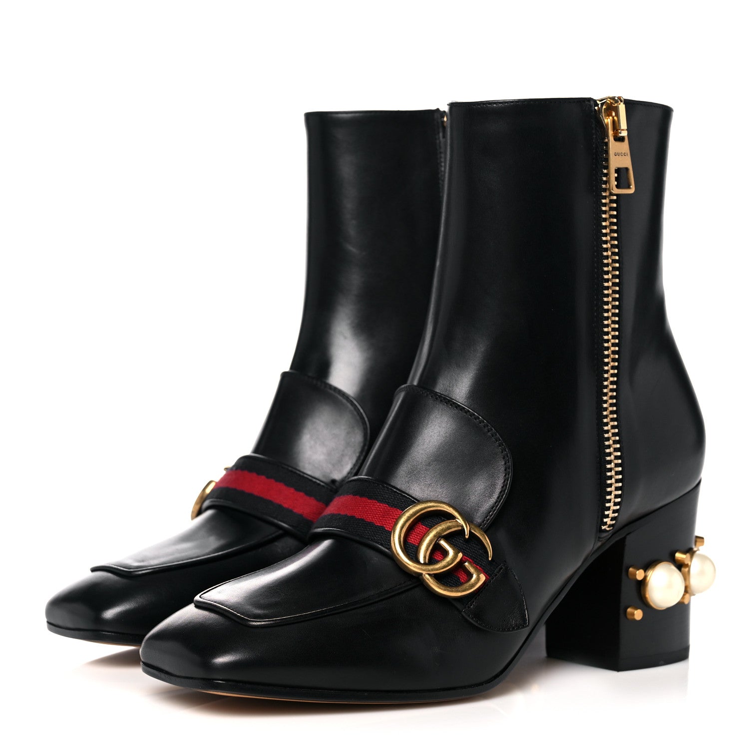 Gucci Betis Glamour Calfskin Web Pearl Embellished Peyton 75mm Ankle Boots 39 Black 3 of 11