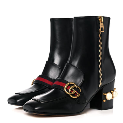 Gucci Betis Glamour Calfskin Web Pearl Embellished Peyton 75mm Ankle Boots 39 Black 3 of 11