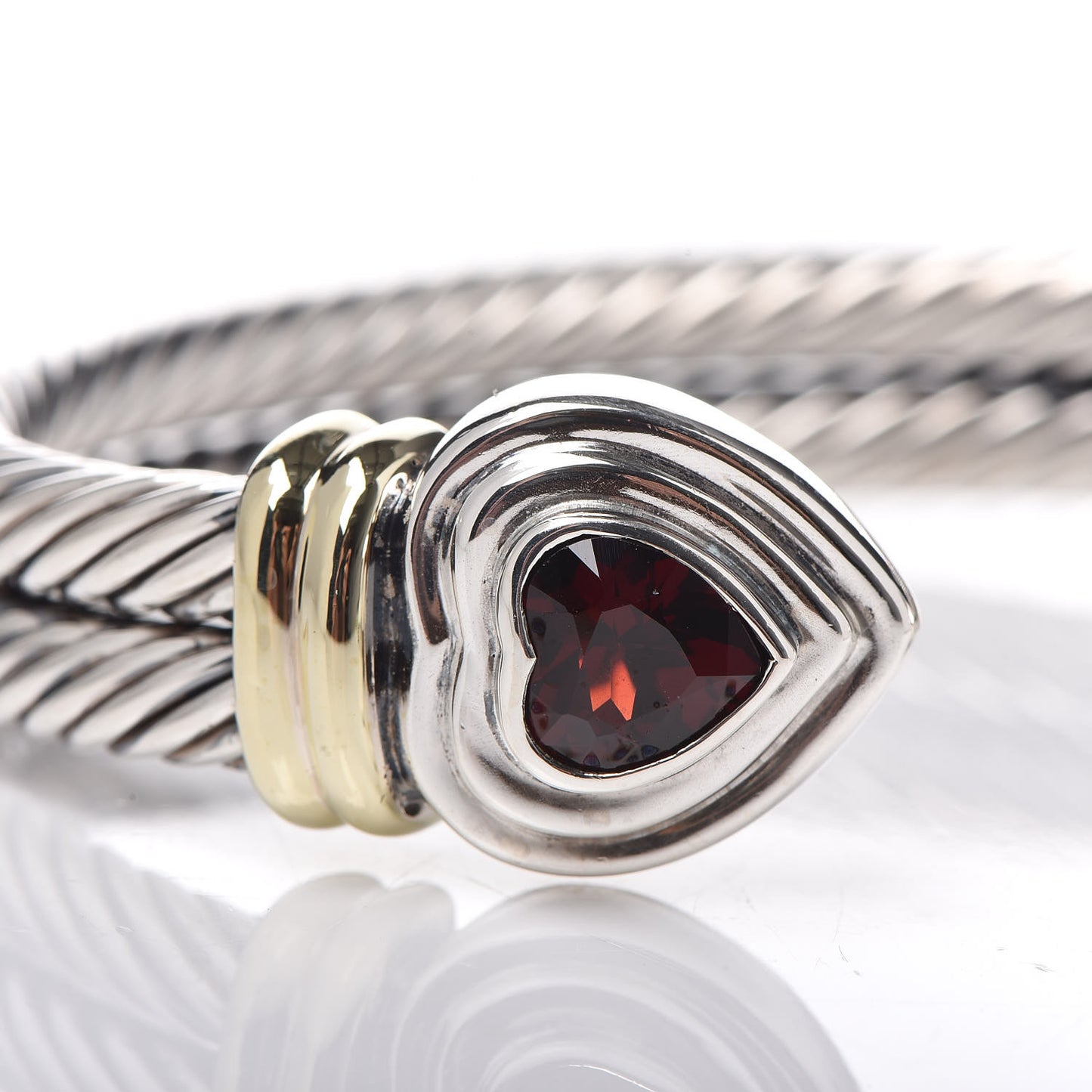 Sterling Silver 14K Yellow Gold Garnet Heart Double Cable Cuff Bracelet