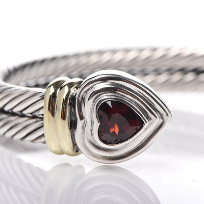 David Yurman Sterling Silver 14K Yellow Gold Garnet Heart Double Cable Cuff Bracelet 11 of 11