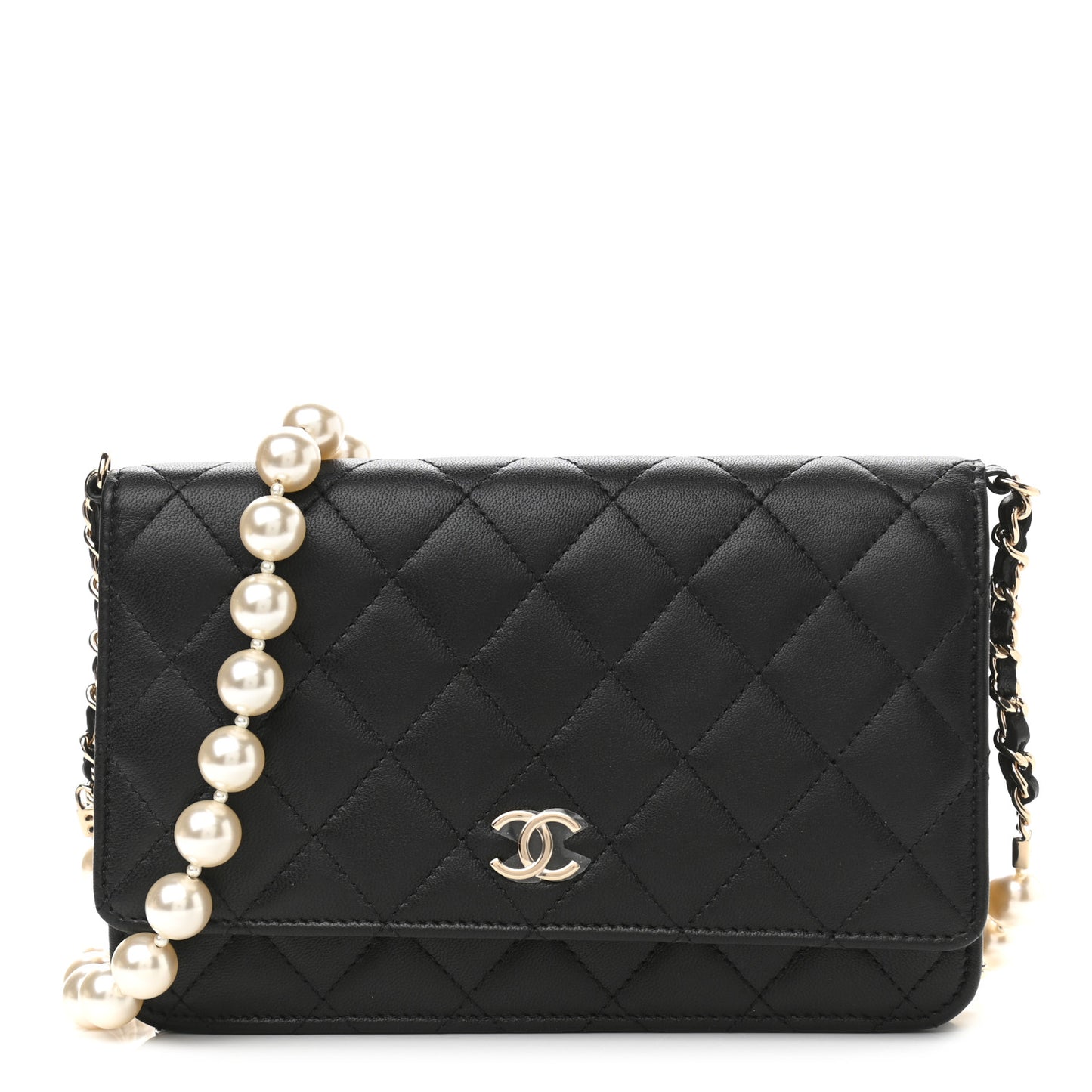 Lambskin Quilted Pearl Wallet On Chain WOC Black