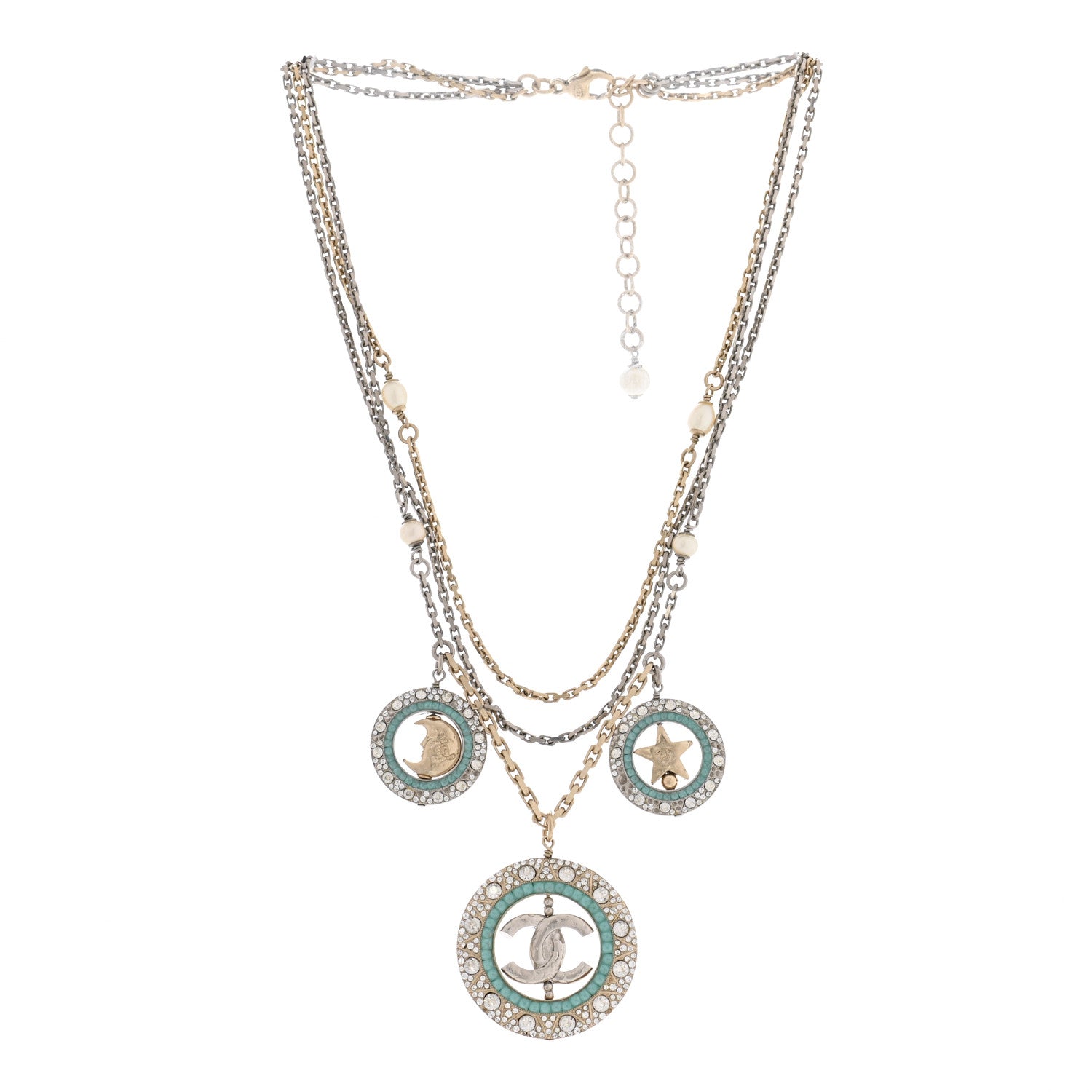 Chanel Ruthenium Crystal Pearl CC Star Moon Circle Necklace Silver Gold Turquoise 3 of 6