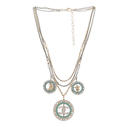Chanel Ruthenium Crystal Pearl CC Star Moon Circle Necklace Silver Gold Turquoise 3 of 6