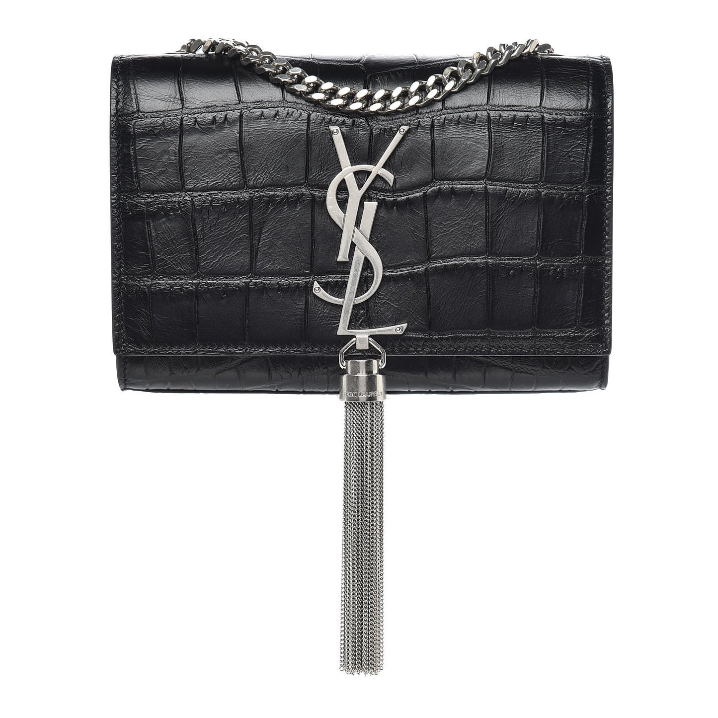 Calfskin Crocodile Embossed Small Classic Monogram Kate Tassel Satchel Black