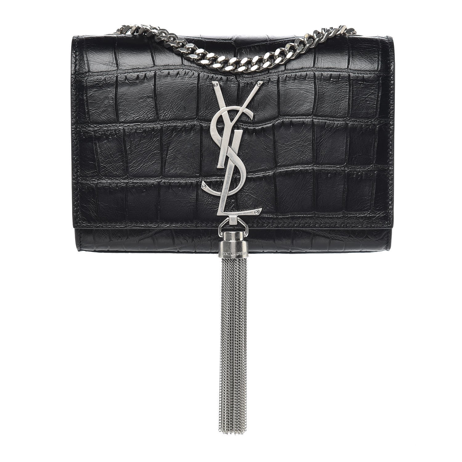 Saint Laurent Calfskin Crocodile Embossed Small Classic Monogram Kate Tassel Satchel Black 1 of 9