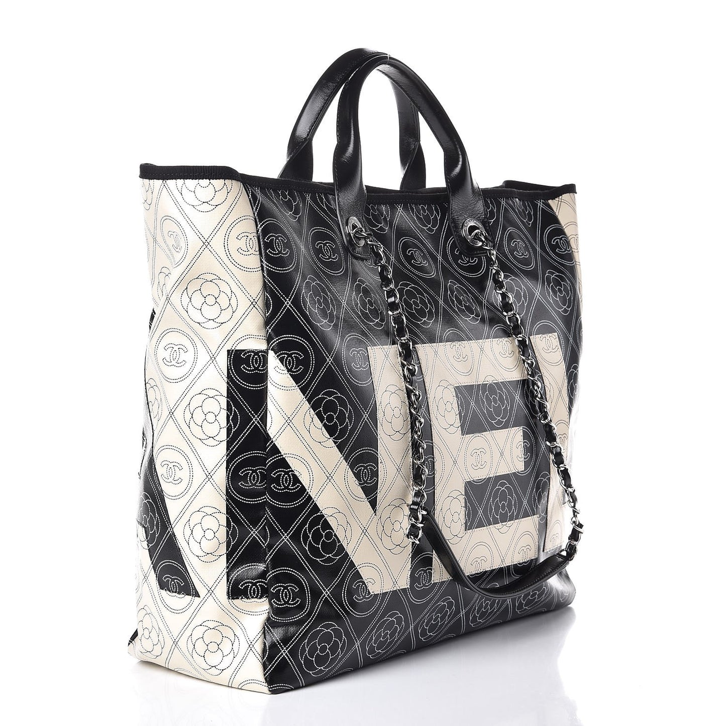 Coated Canvas Camellia Medium Shopping Tote Black Beige