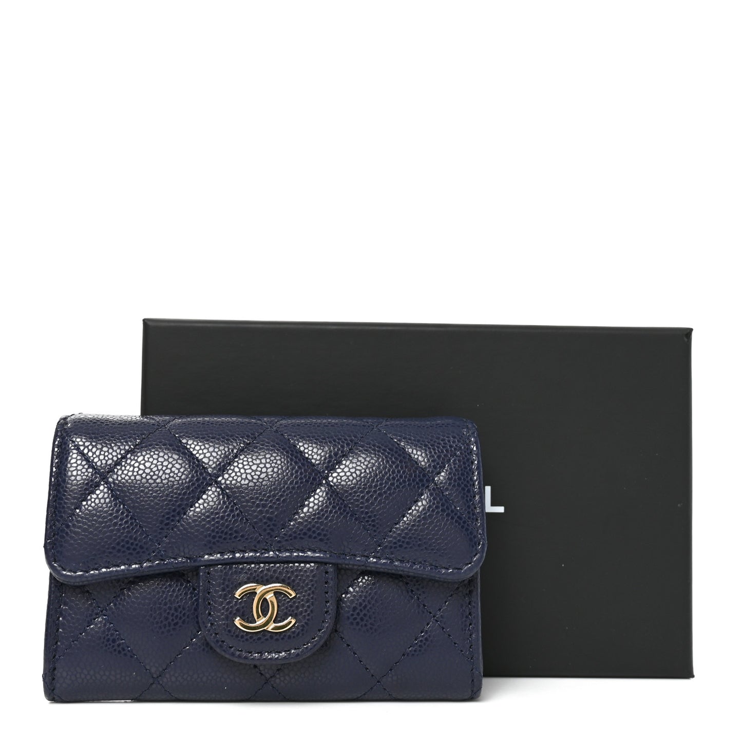 Caviar Quilted Flap Card Holder Wallet Navy Blue