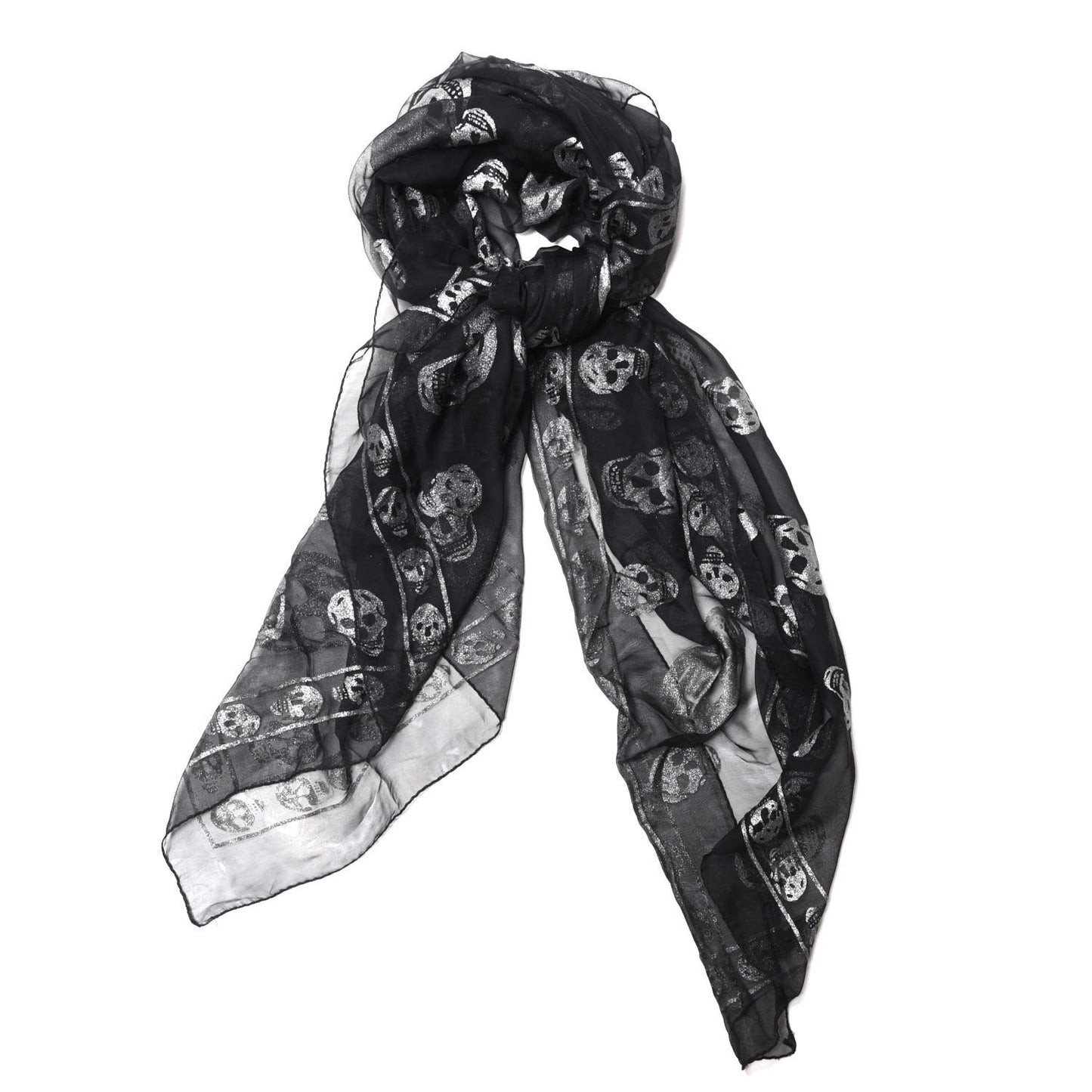 Silk Glitter Skull Scarf Black Silver
