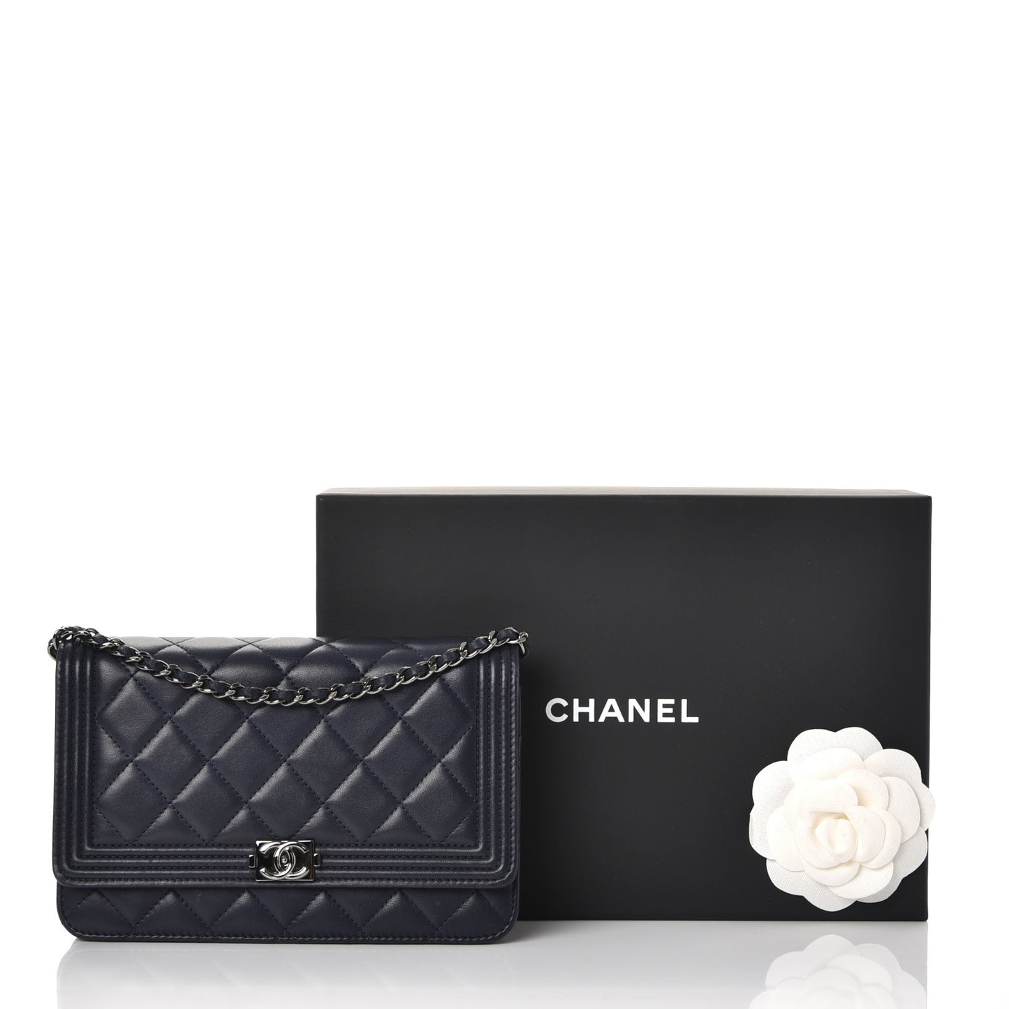 Lambskin Quilted Boy Wallet On Chain WOC Navy Blue