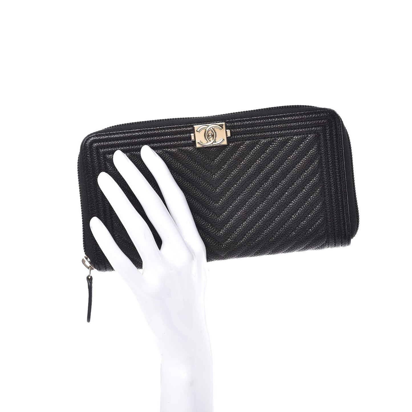 Caviar Chevron Quilted Zip Around Boy Wallet Black