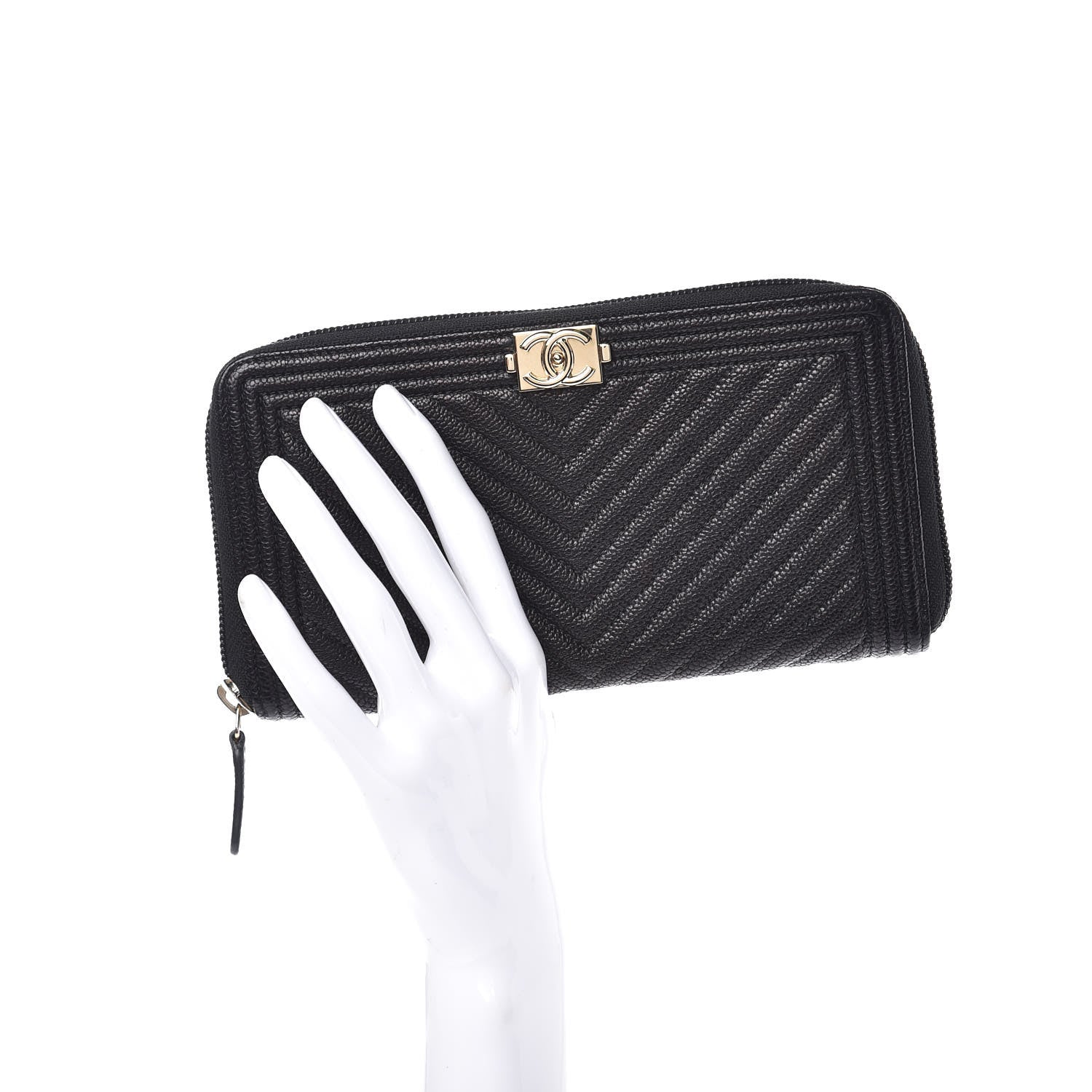 Chanel Caviar Chevron Quilted Zip Around Boy Wallet Black 2 of 11