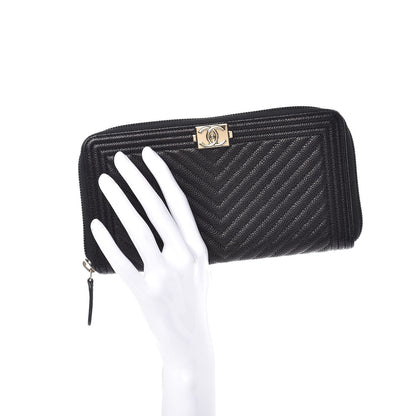 Chanel Caviar Chevron Quilted Zip Around Boy Wallet Black 2 of 11
