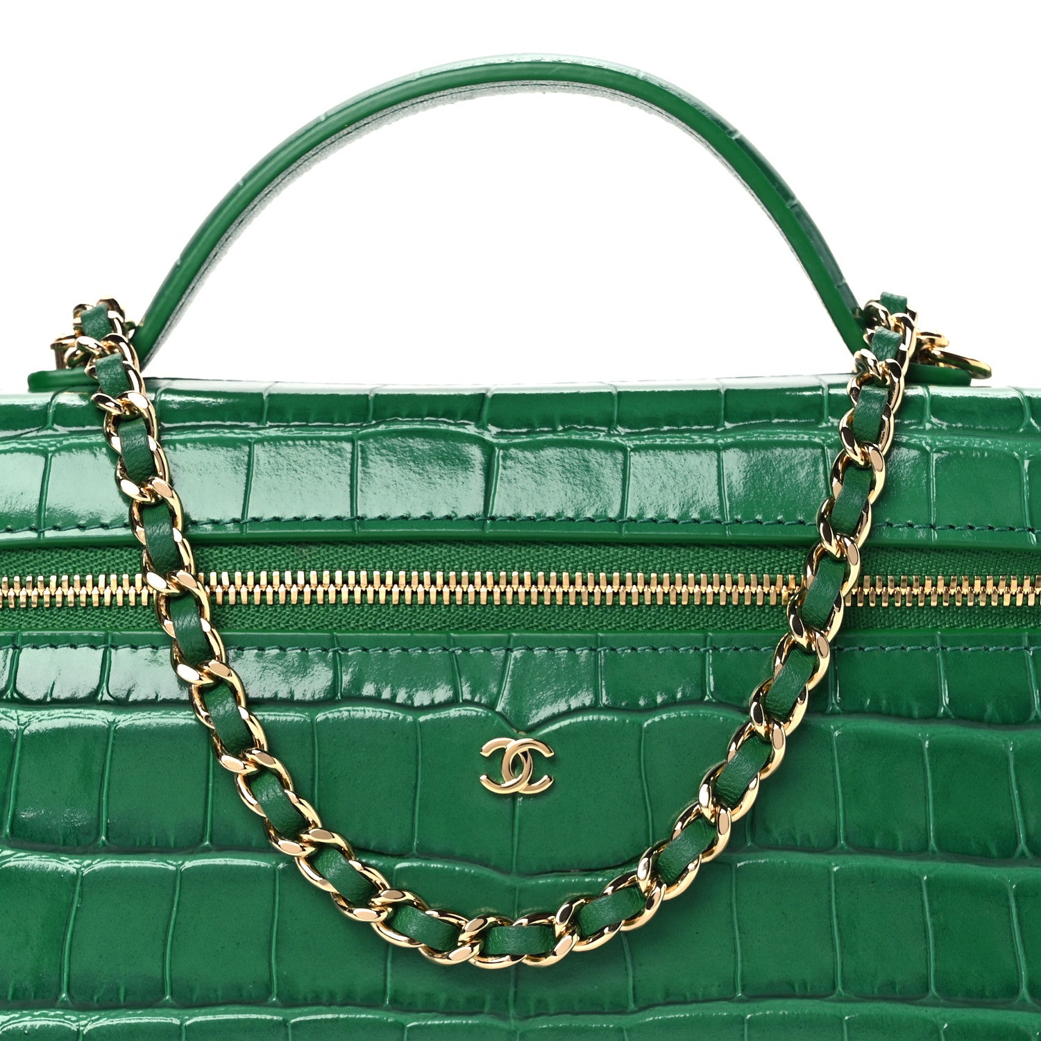 Chanel Calfskin Crocodile Embossed Crococo Top Handle Slim Vanity Case With Chain Green 8 of 11