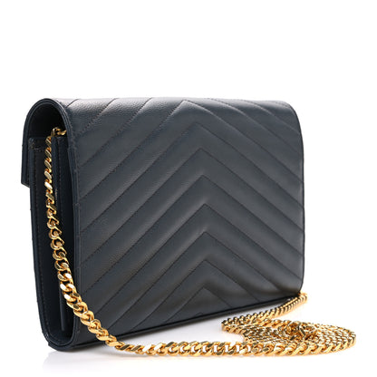 Saint Laurent Grain De Poudre Matelasse Chevron Monogram Chain Wallet Pebble 3 of 10